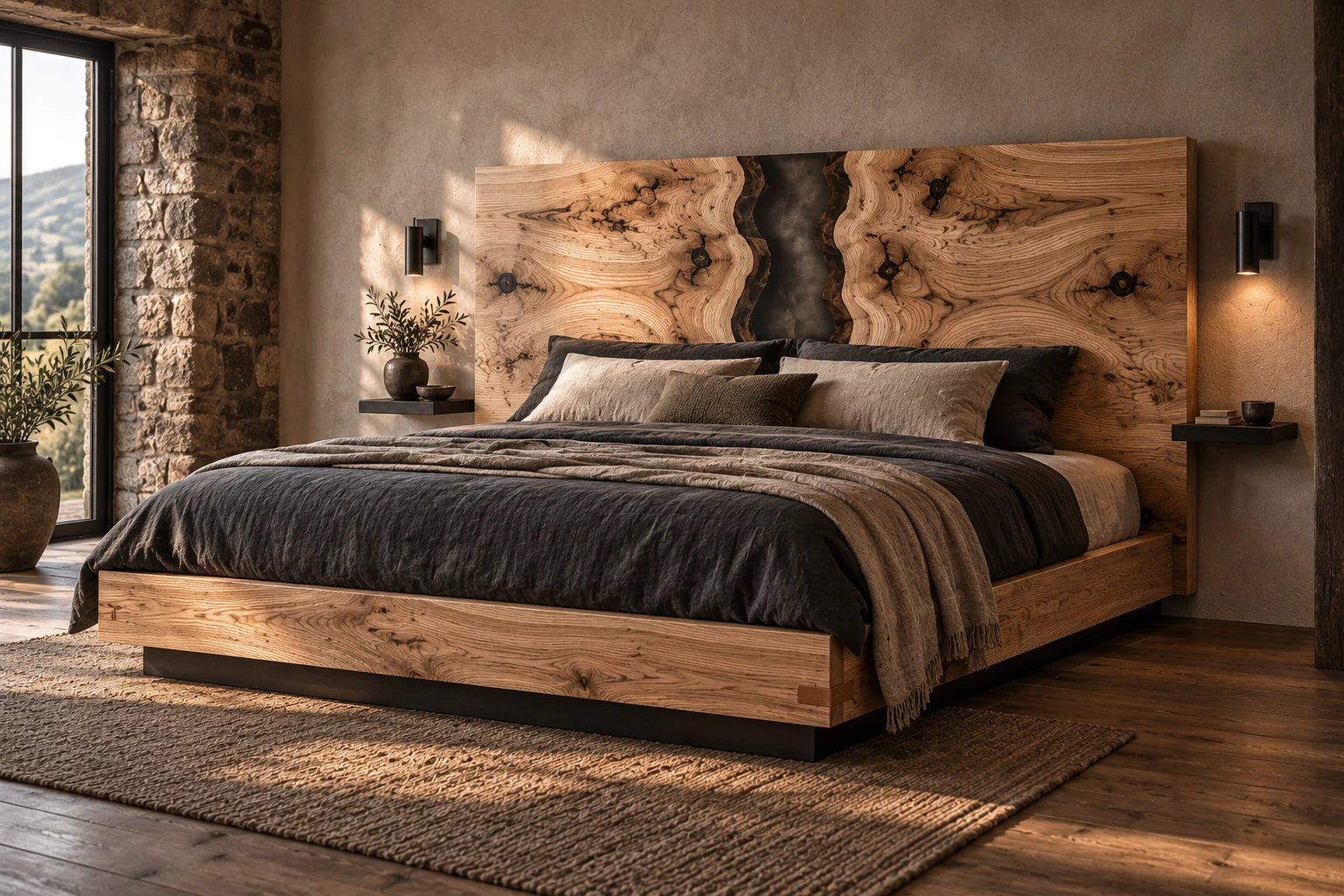 Phoenix concept: bookmatched ash bed in a Welsh home