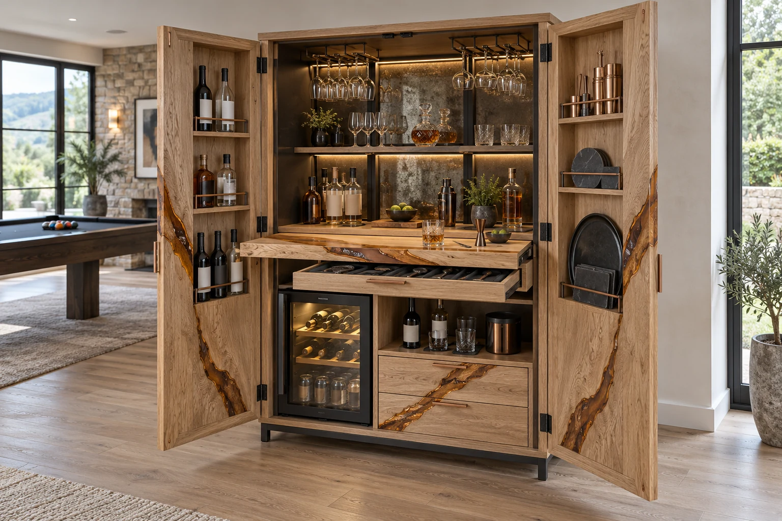 Phoenix concept: open oak drinks cabinet with resin inlay