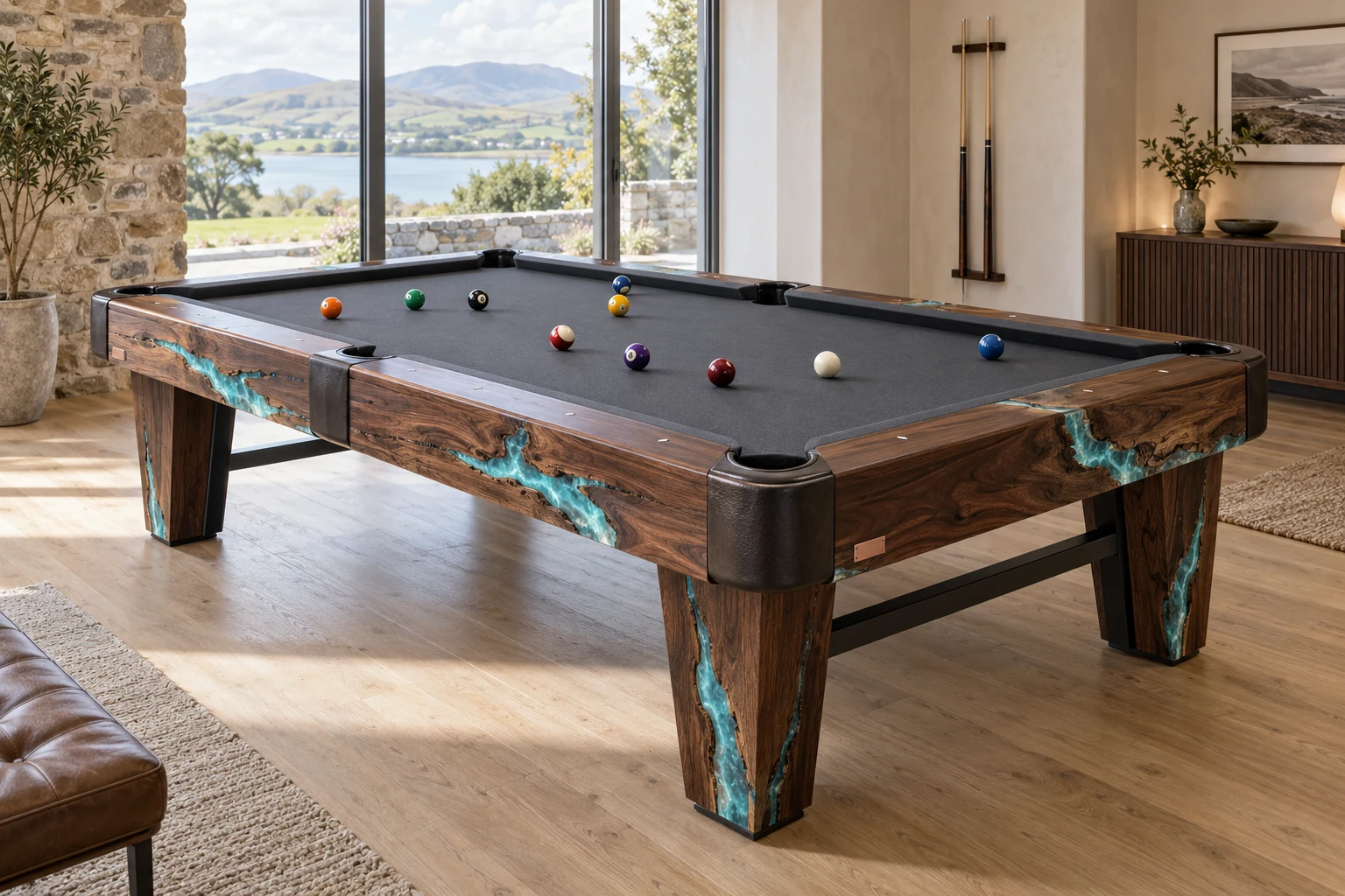Phoenix concept: walnut pool table with aqua resin in the rails and legs