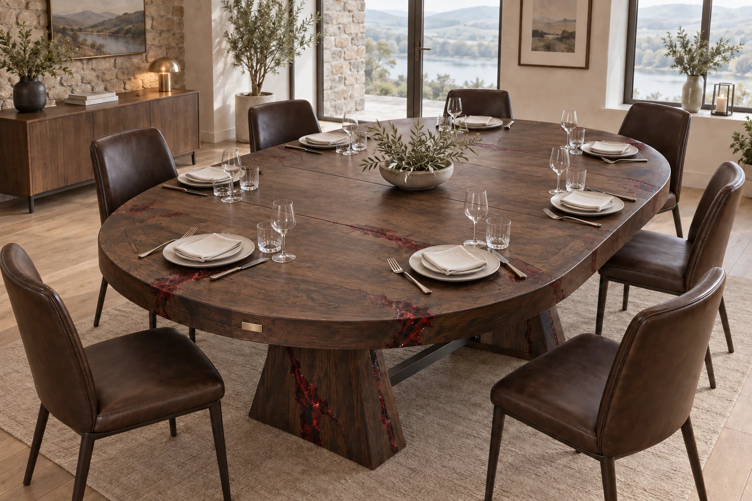 Phoenix concept of a smoked oak dining table with ruby resin in a Welsh home