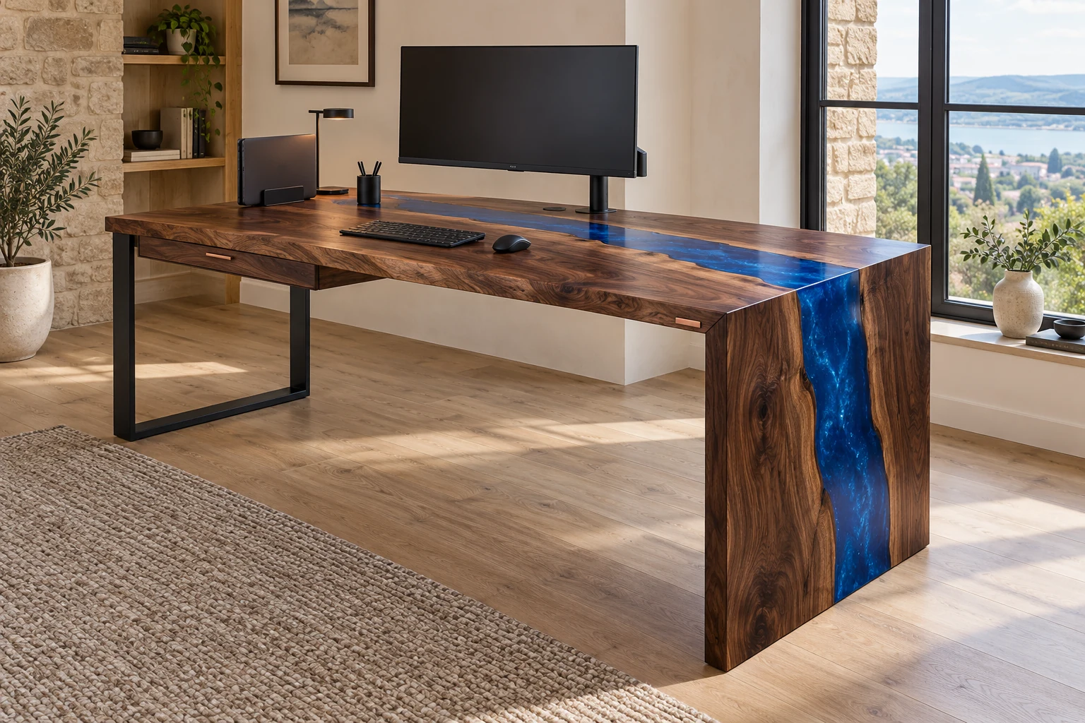 Phoenix concept: dark walnut waterfall desk with blue resin
